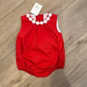The Beaufort Bonnet Company Red Romper with White Floral CollarSZ 18/24 NWT